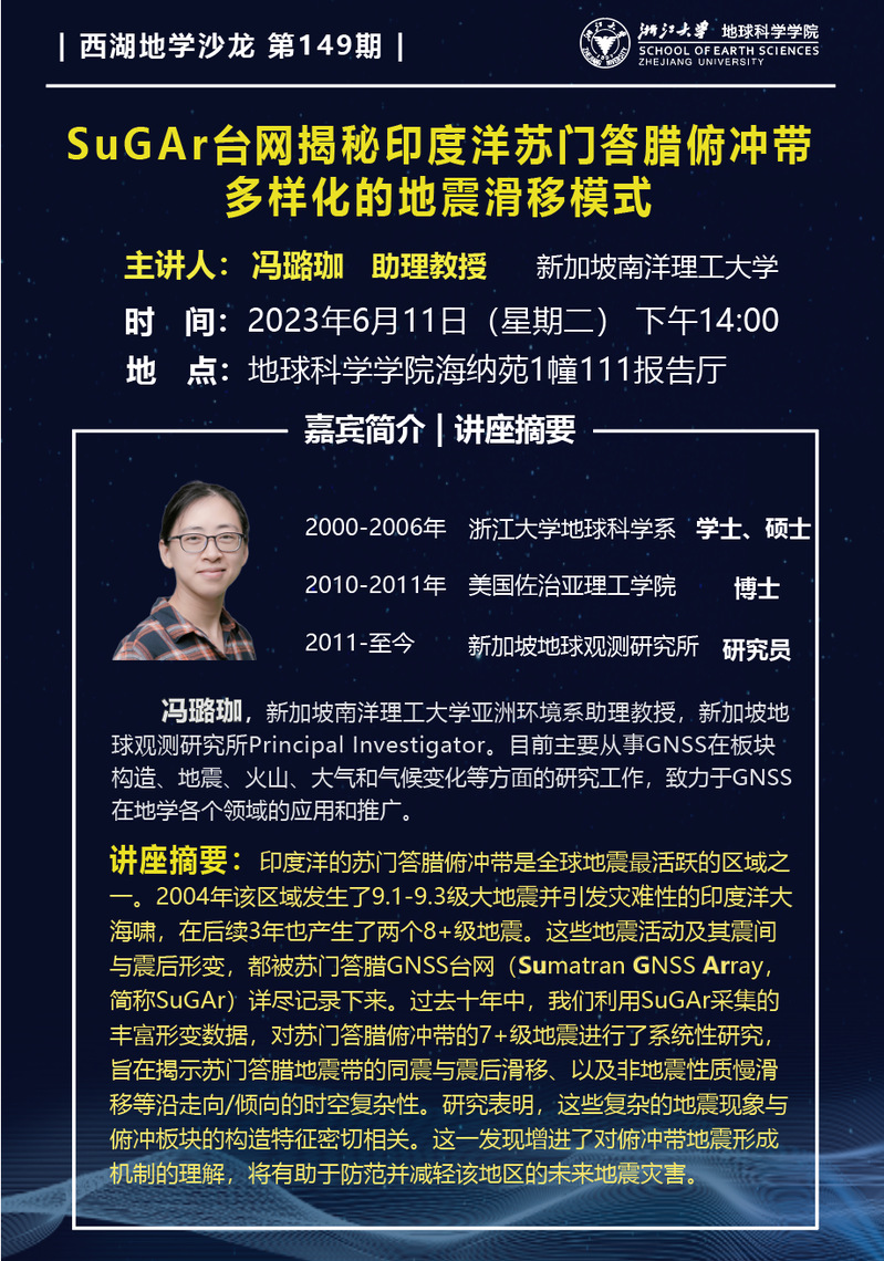 西湖地学沙龙第149期——SuGAr台网揭秘印度洋苏门答腊俯冲带多样化的地震滑移模式